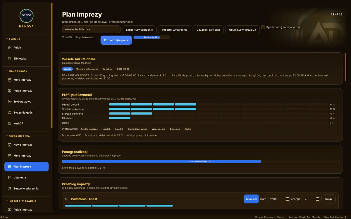 Plan imprezy w programie ARGO DJ Pilot